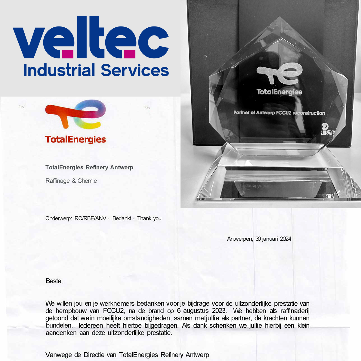 Veltec NV receives thank you award from TotalEnergies Antwerp refinery